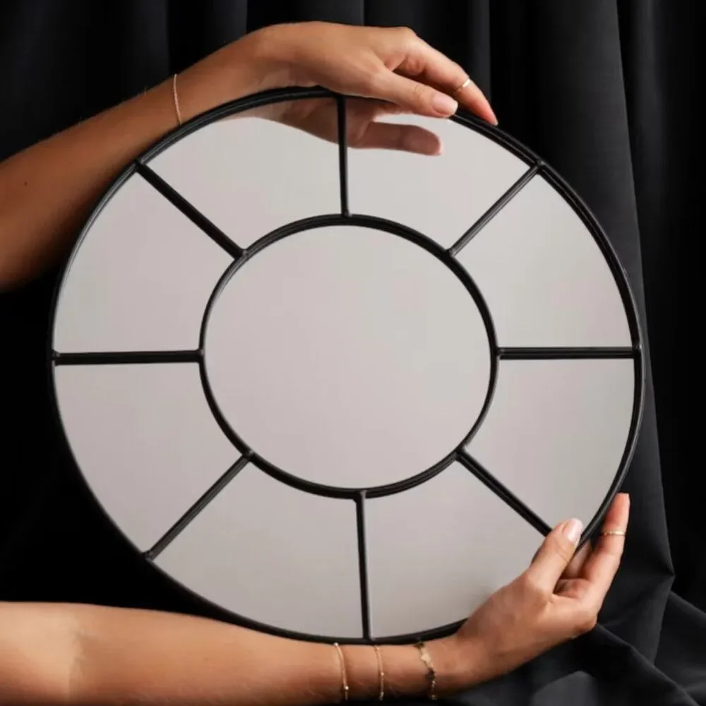 Modern Round Paneled Wall Mirror Black Frame 14.5 Inch Geometric Accent Mirror